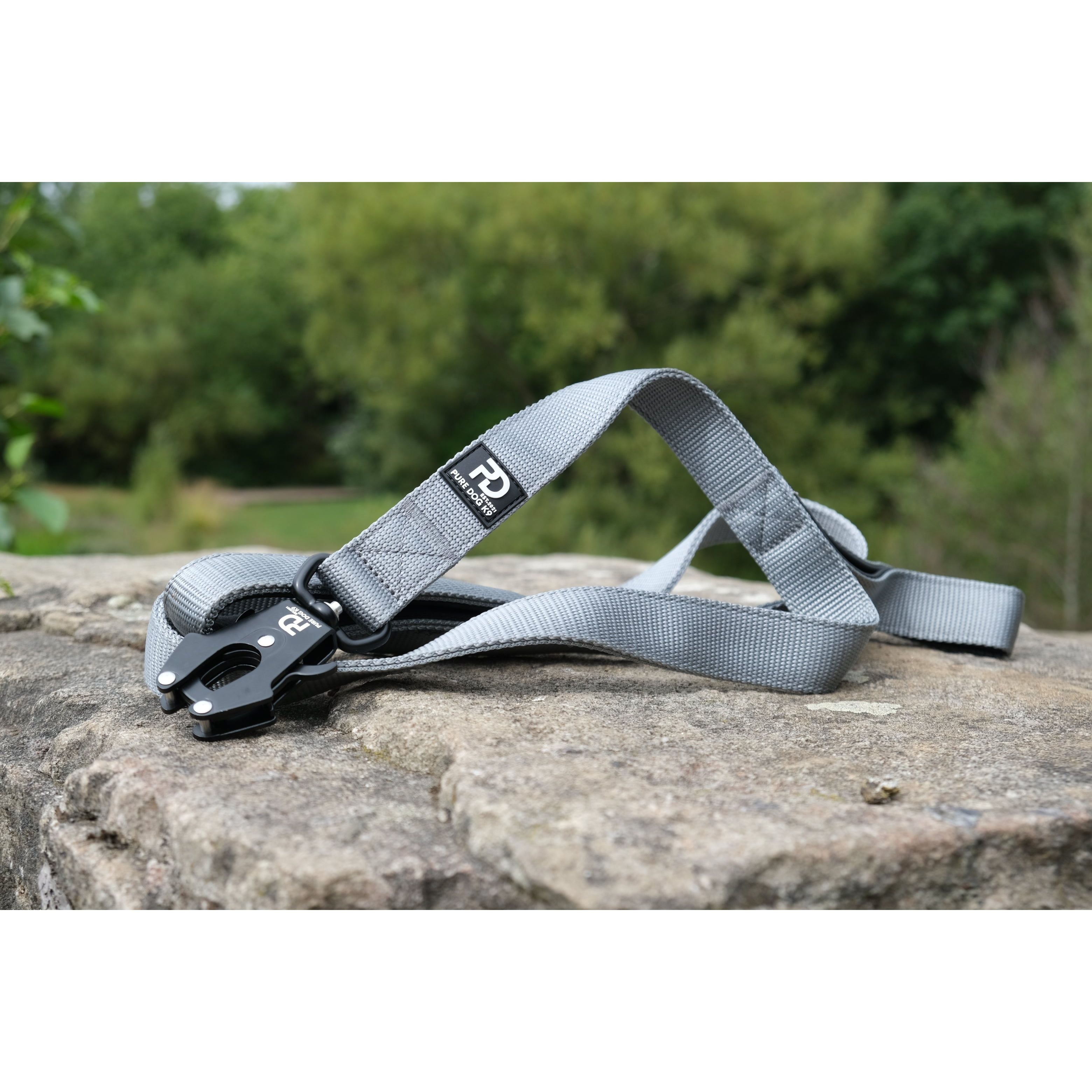 Grey dog lead with padded handle and quick-release clasp, adjustable strap