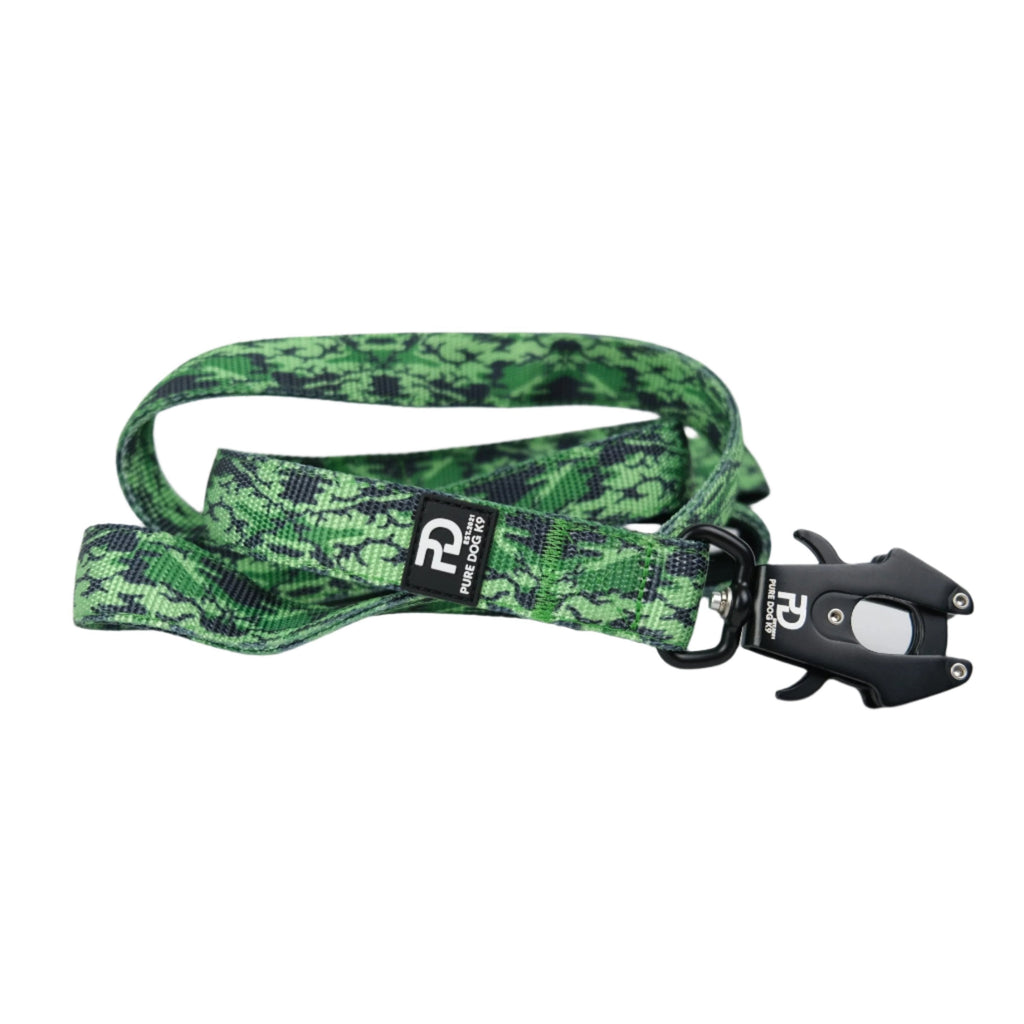 Green camo dog sport lead with black quick-clip and branded fabric tab