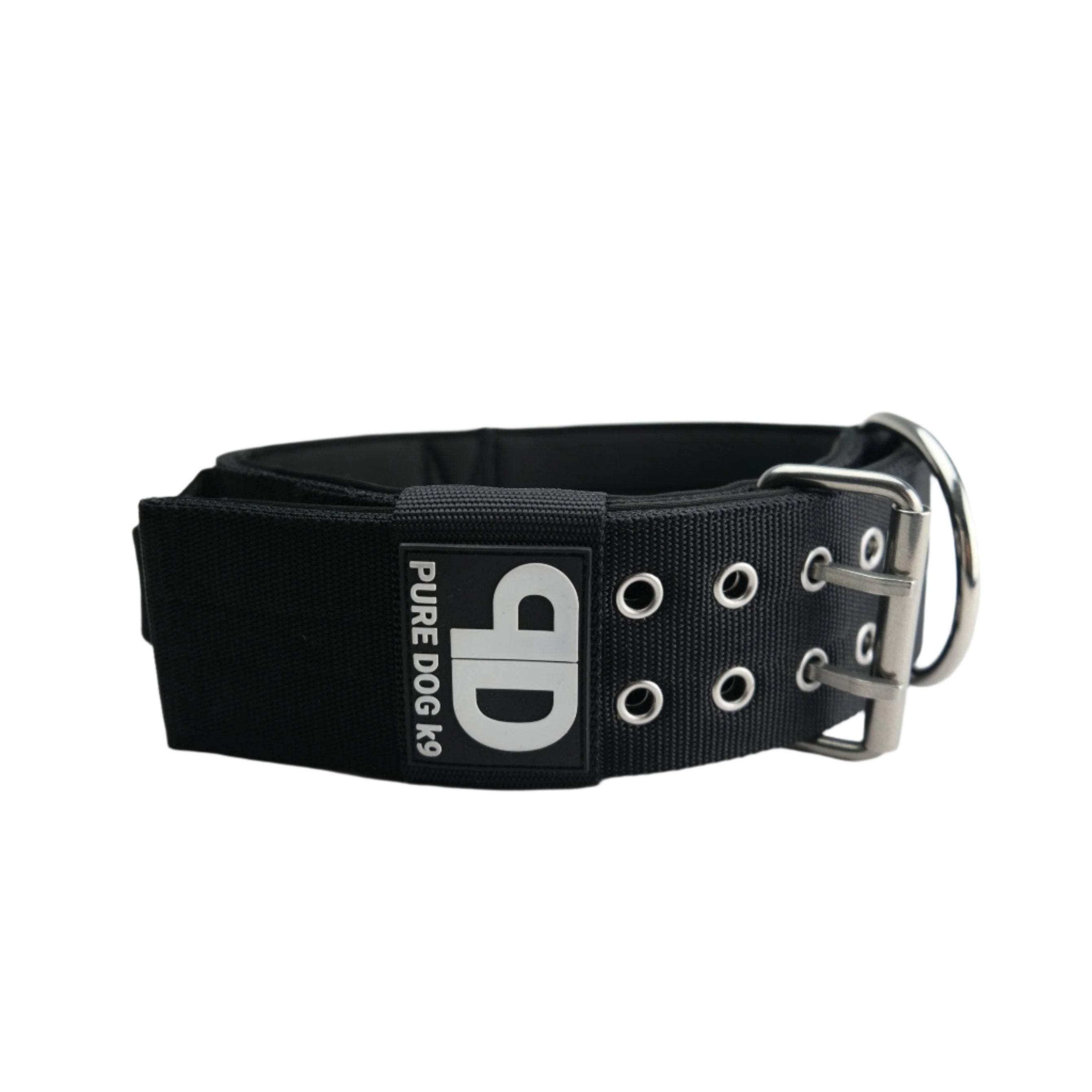 Black nylon sport dog collar with metal buckle, D-ring, and eyelet studs