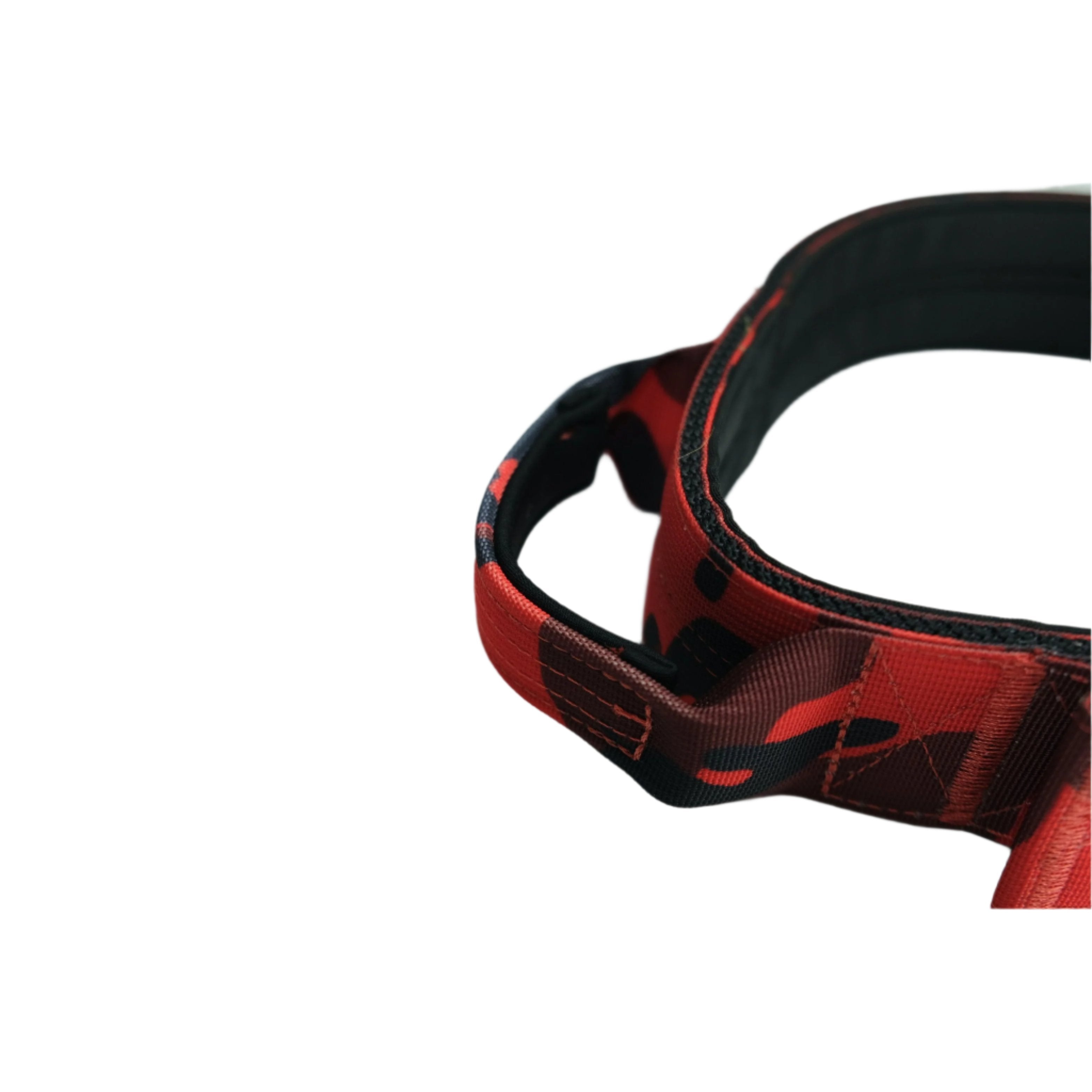 Red camouflage collar end with black trim stitching and cutout strap detail