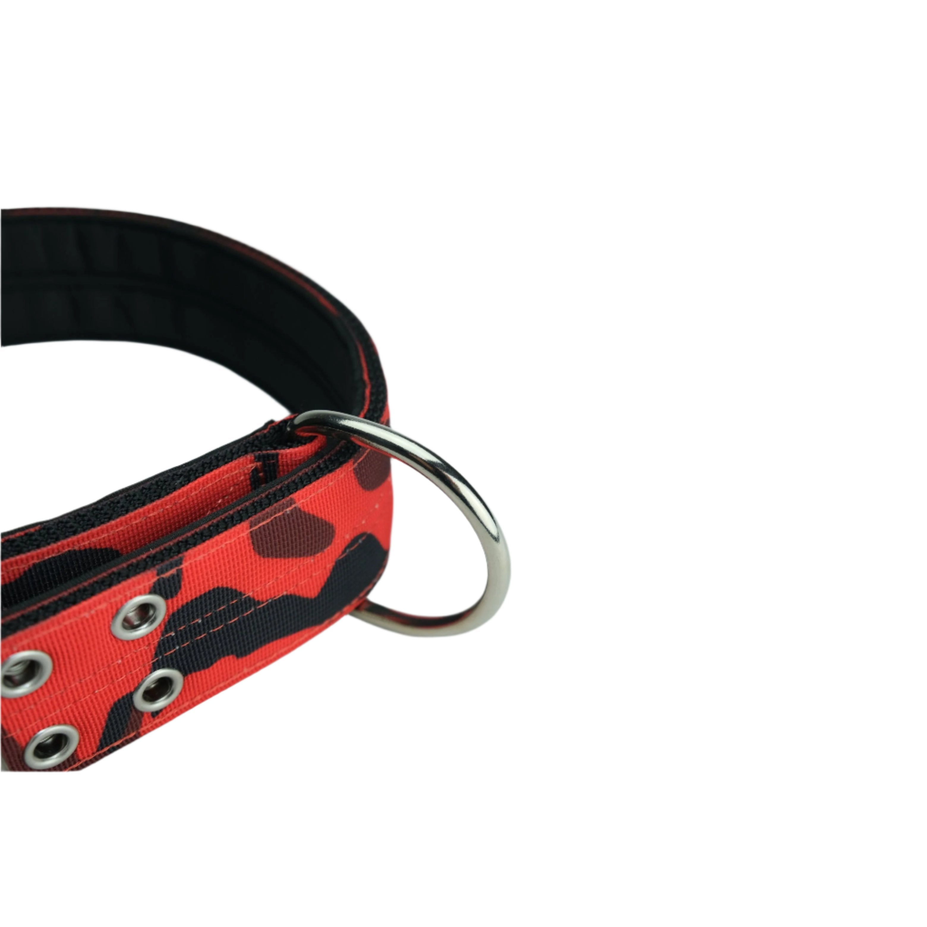 Red camouflage dog collar with silver O-ring and grommet holes on strap edge