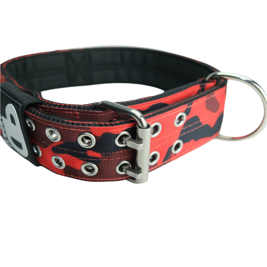Red camouflage dog collar with silver buckle, metal grommets, and leash ring