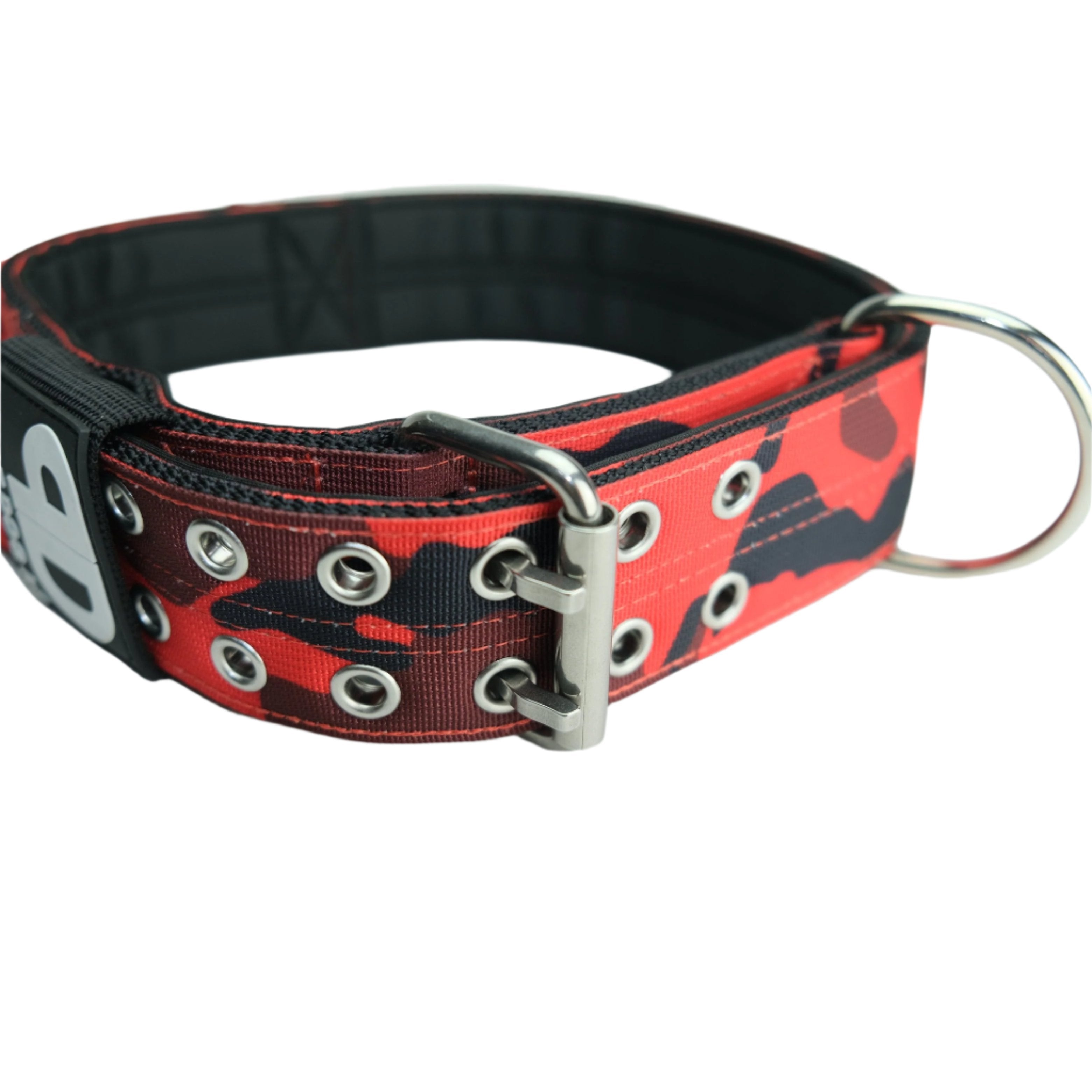 Red camouflage dog collar with silver buckle, metal grommets, and leash ring
