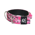 Pink camo sport dog collar with metal buckle, ring, and black padded lining