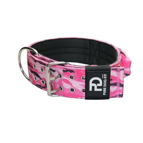 Pink camo sport dog collar with metal buckle, ring, and black padded lining