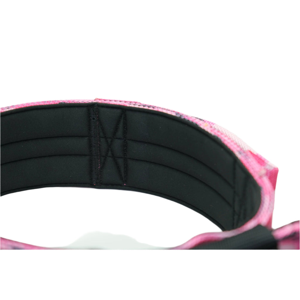 Pink camo sport dog collar with black quilted padding edge and fabric side panel