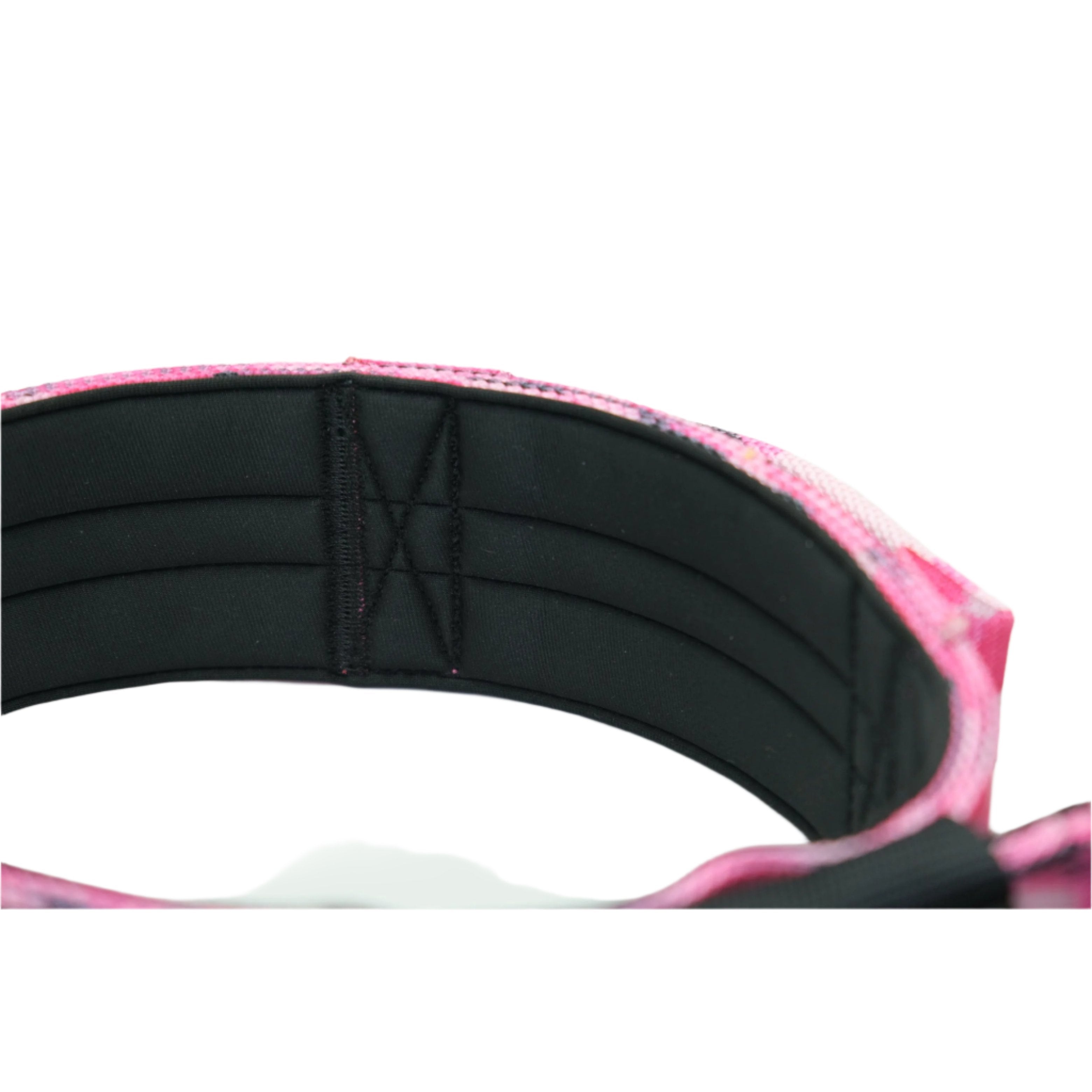 Pink camo sport dog collar with black quilted padding edge and fabric side panel