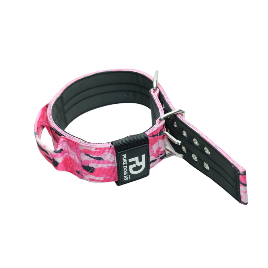 Pink camo sport dog collar with black padded interior, D-ring and prong buckle