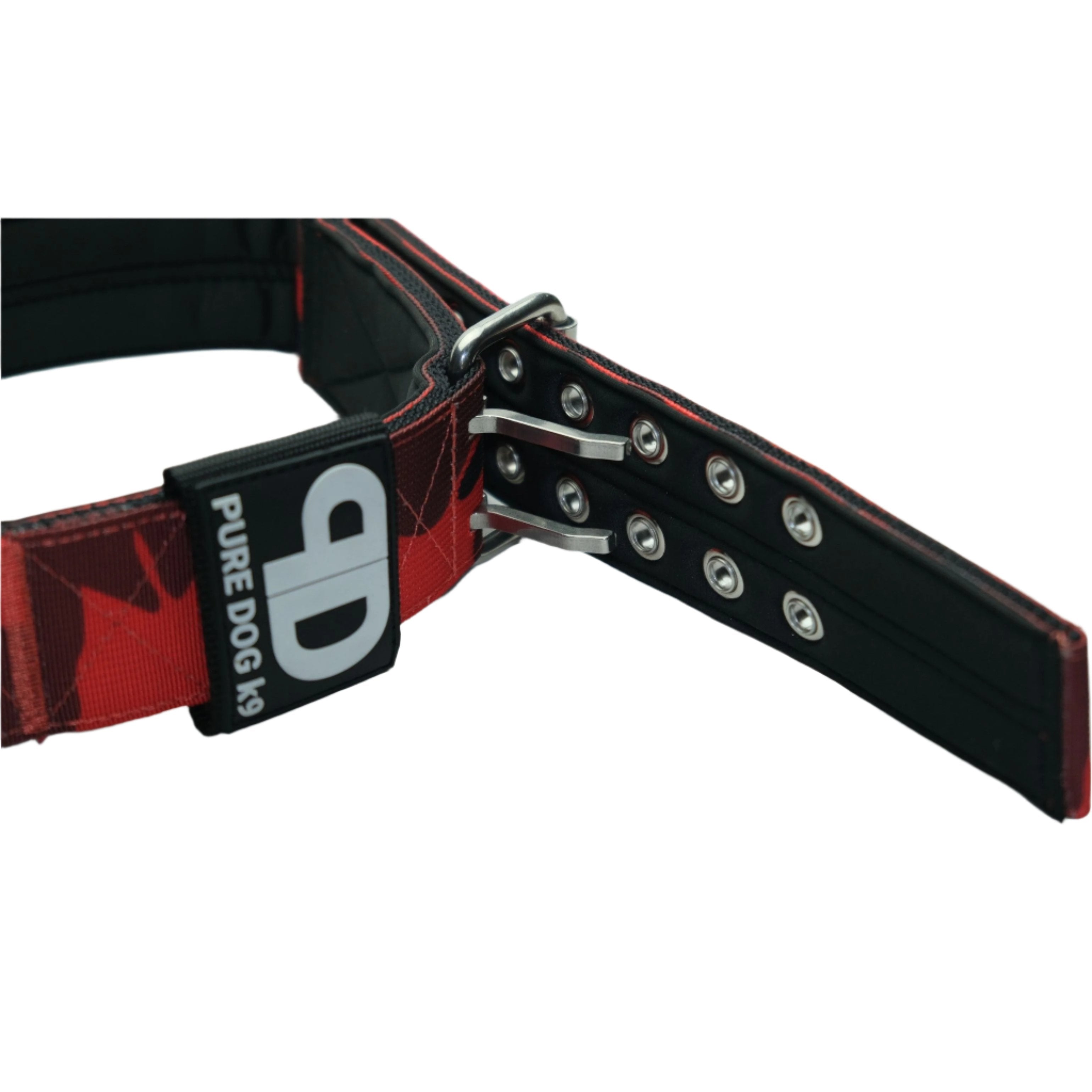 Red camo dog collar with metal leash hardware and label tag at the side