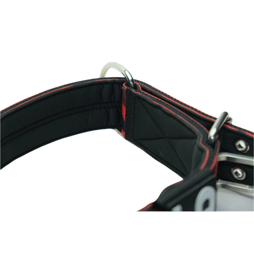 Red camo dog collar with black inner lining and stitched adjustment strap