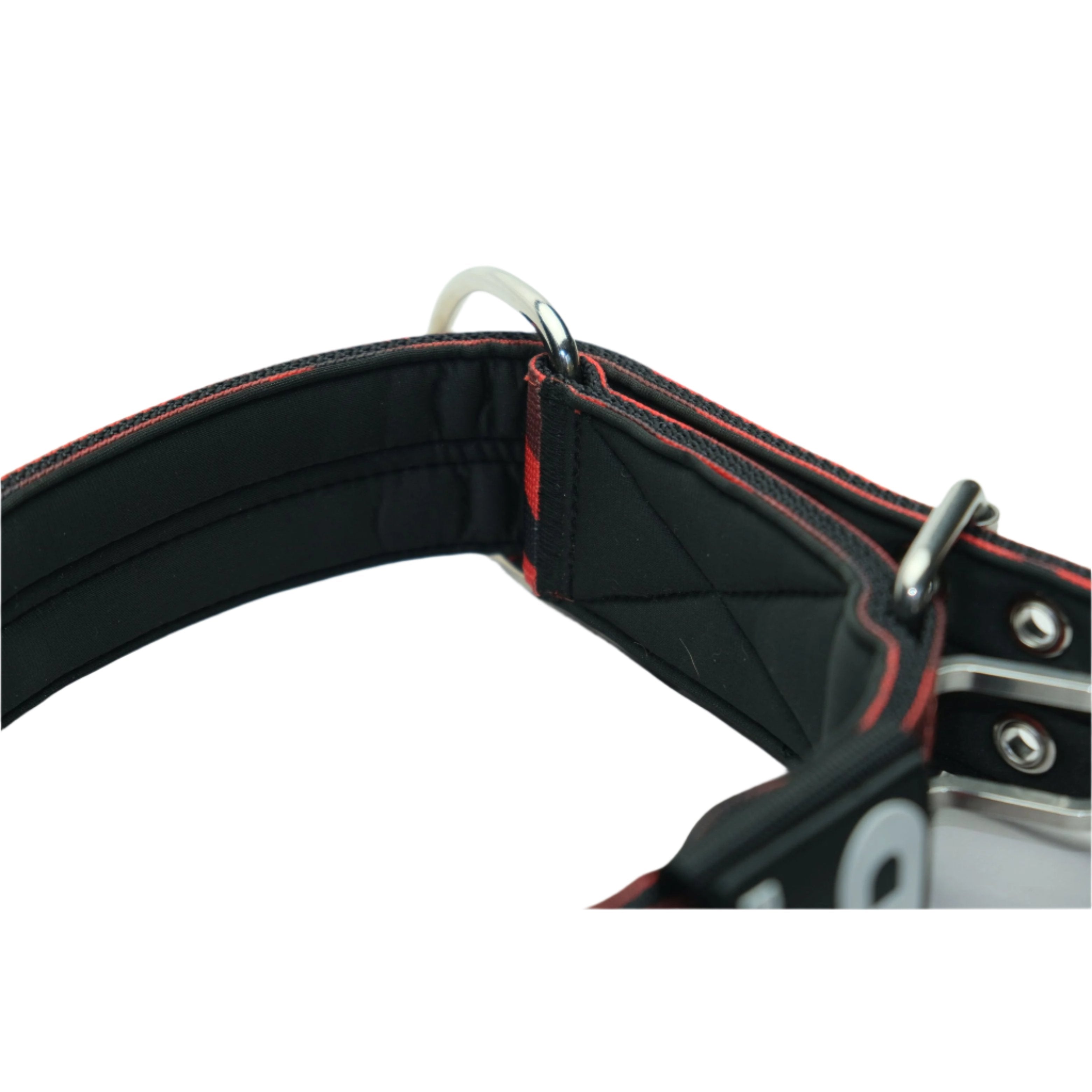 Red camo dog collar with black inner lining and stitched adjustment strap