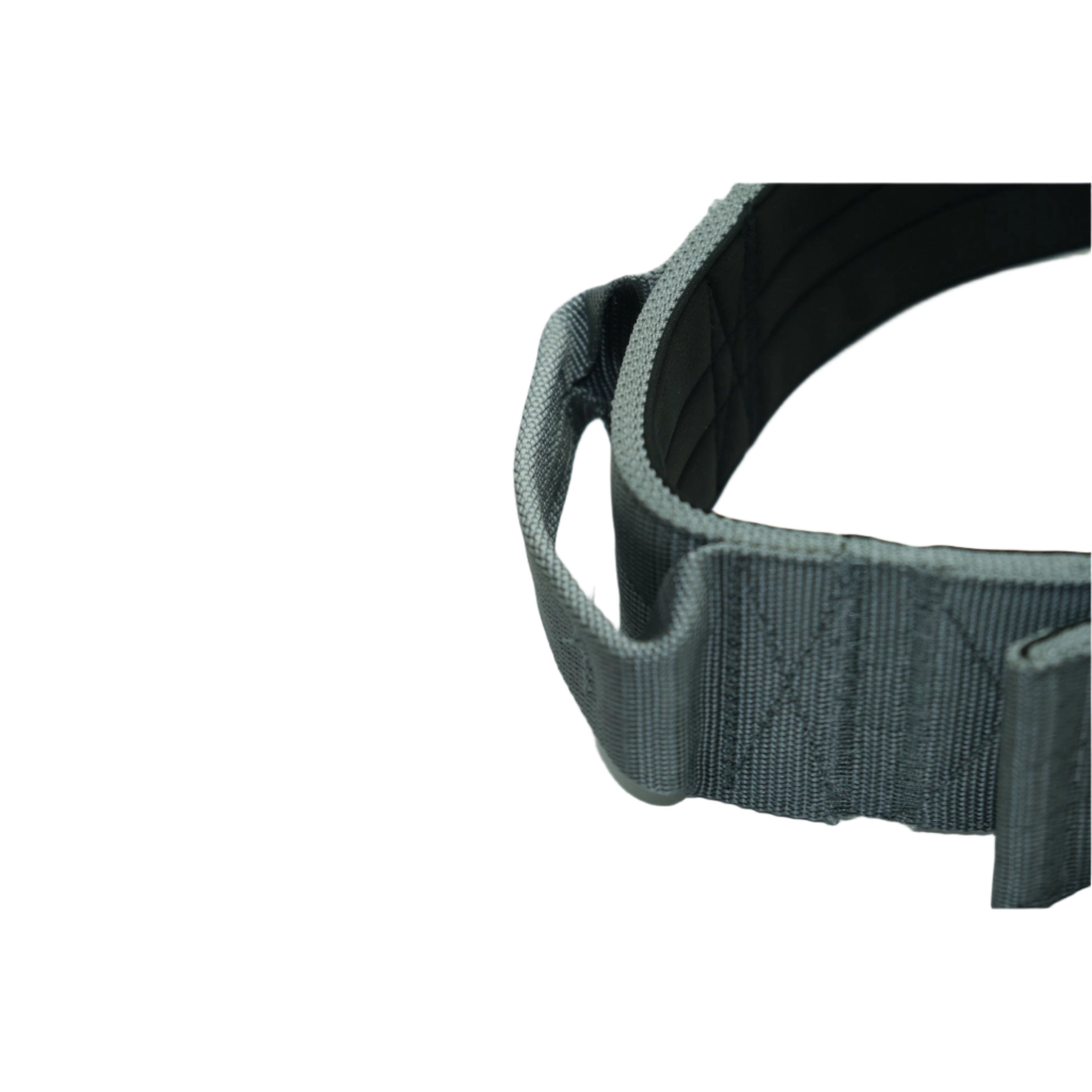 Close-up of grey sport dog collar fabric with black reinforced stitching and strap edge
