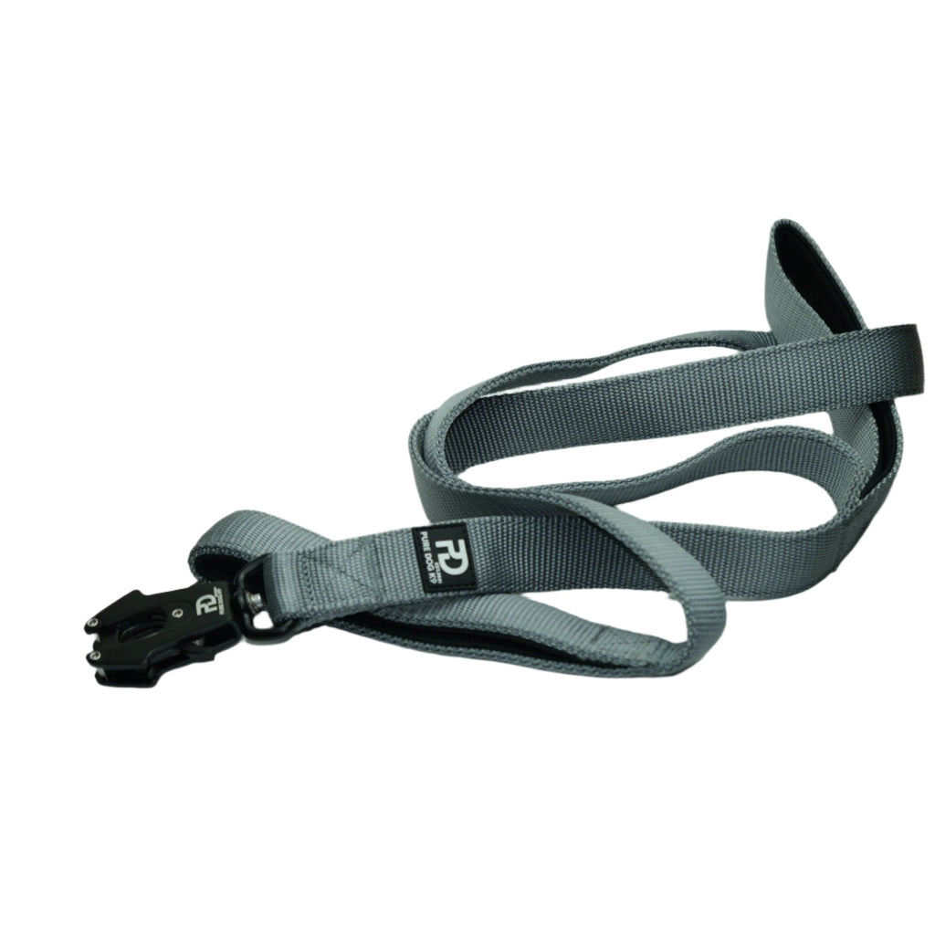 Grey dog lead with padded handle and quick-release clasp, woven webbing strap