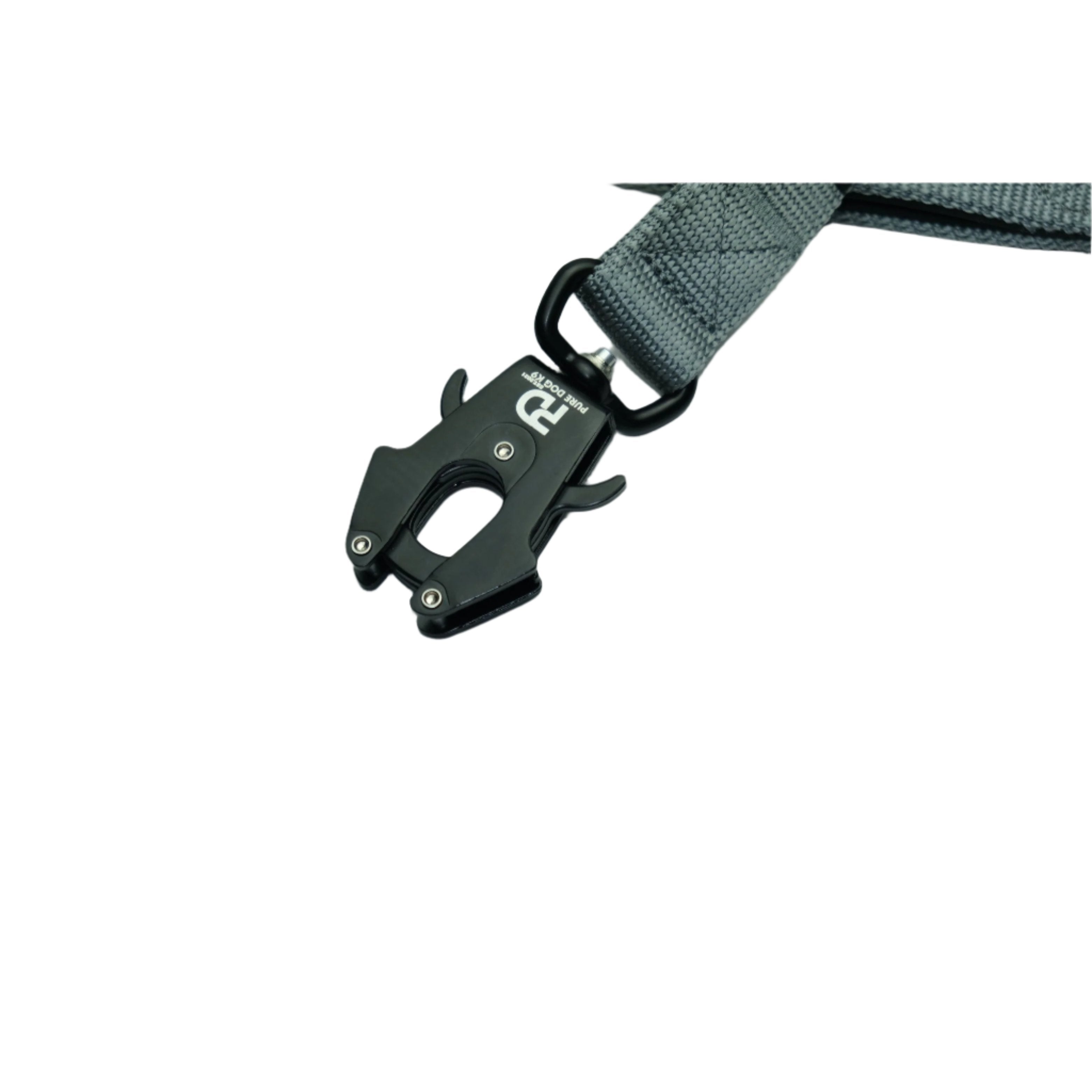 Grey dog lead with metal quick-release clip and woven webbing strap
