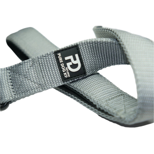 Grey padded handle dog lead with stitched webbing and brand label patch