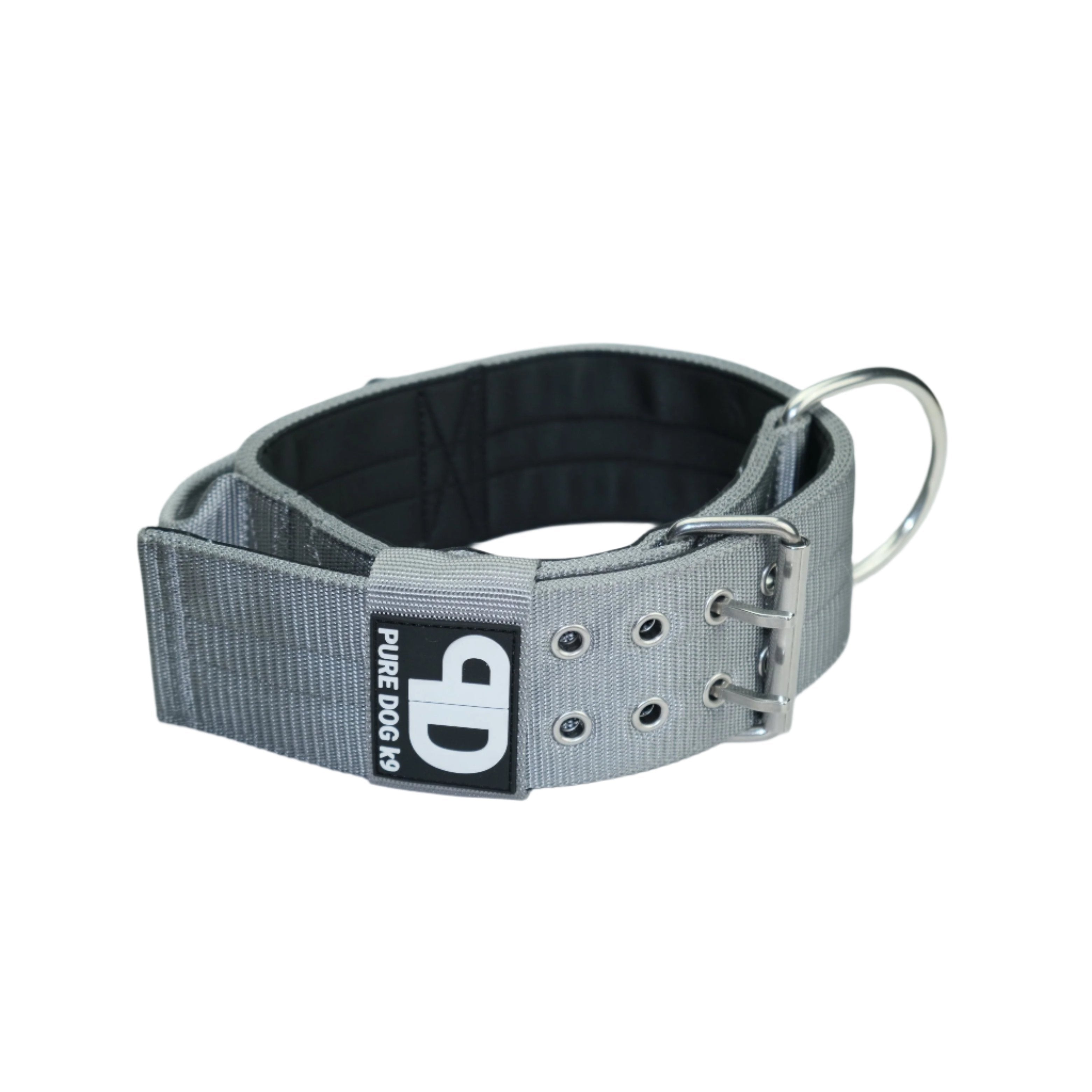 Grey sport dog collar with metal D-ring, buckle and black logo label