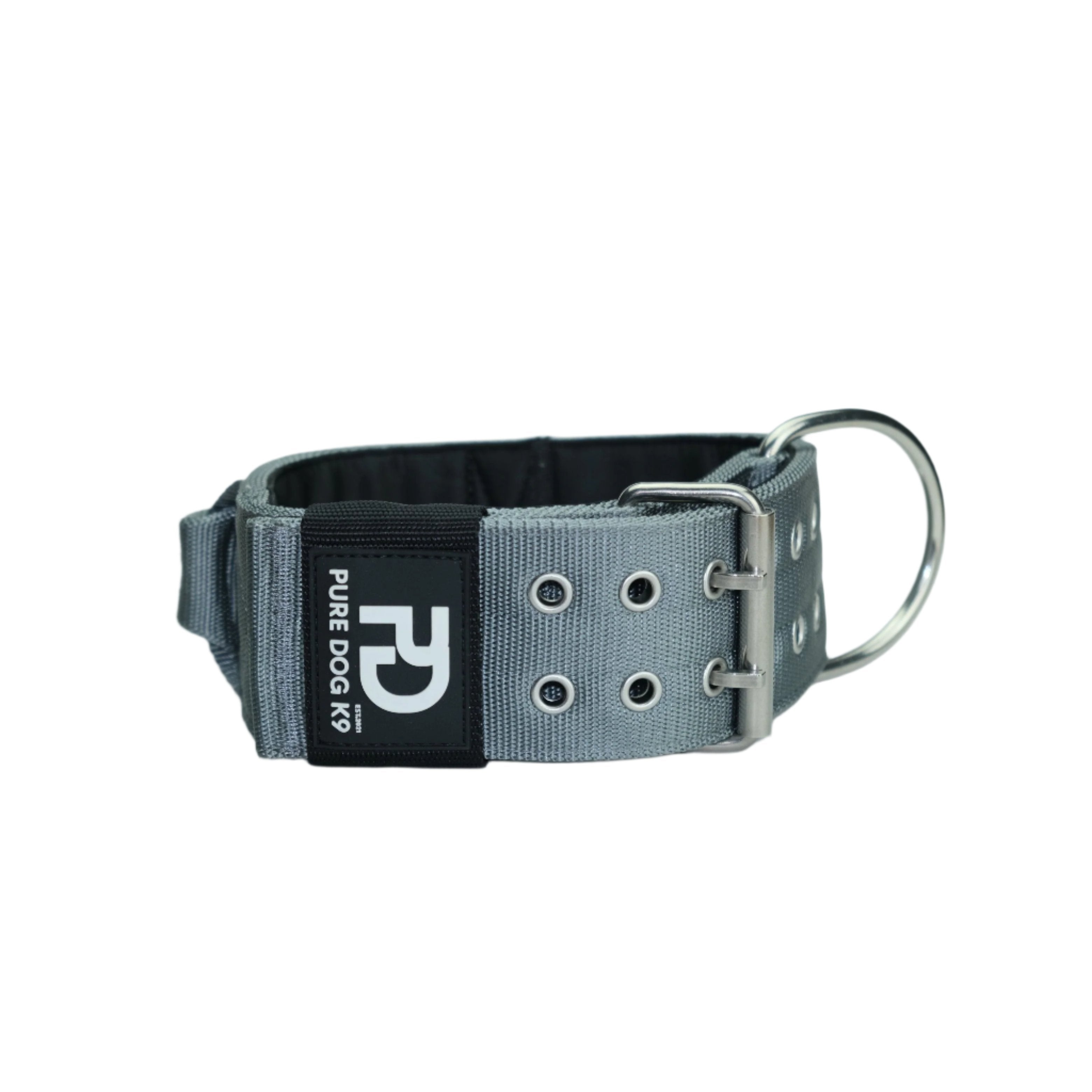 Grey sport dog collar with metal D-ring and buckle, black logo patch and strap holes