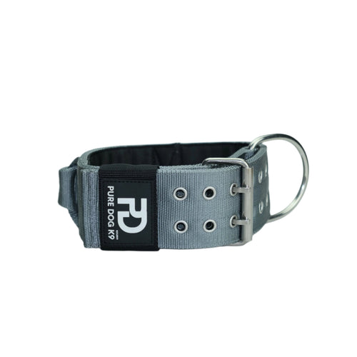 Grey sport dog collar with metal D-ring and buckle, black logo patch and strap holes