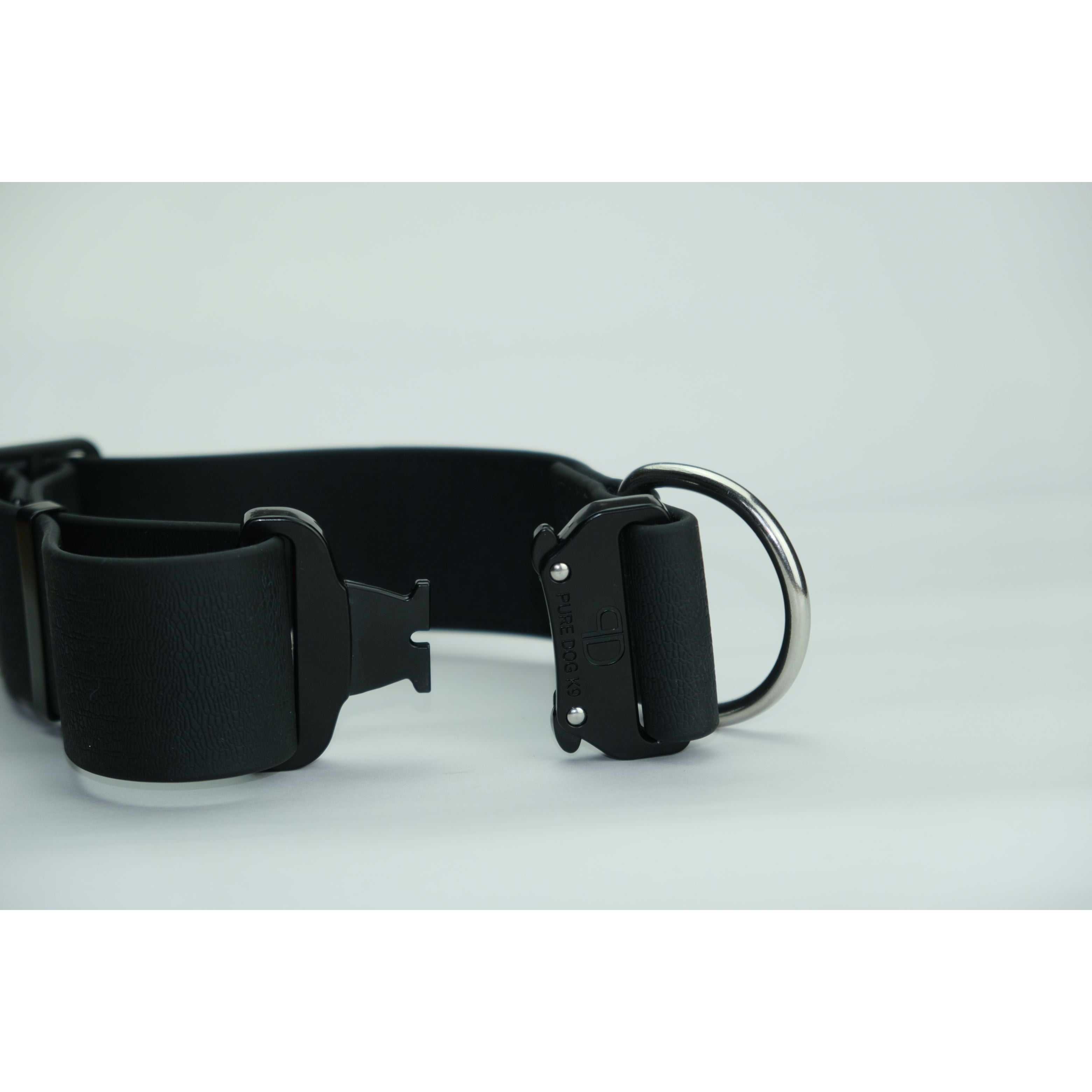 Black dog collar with adjustable holes, quick-release buckle, and metal D-ring