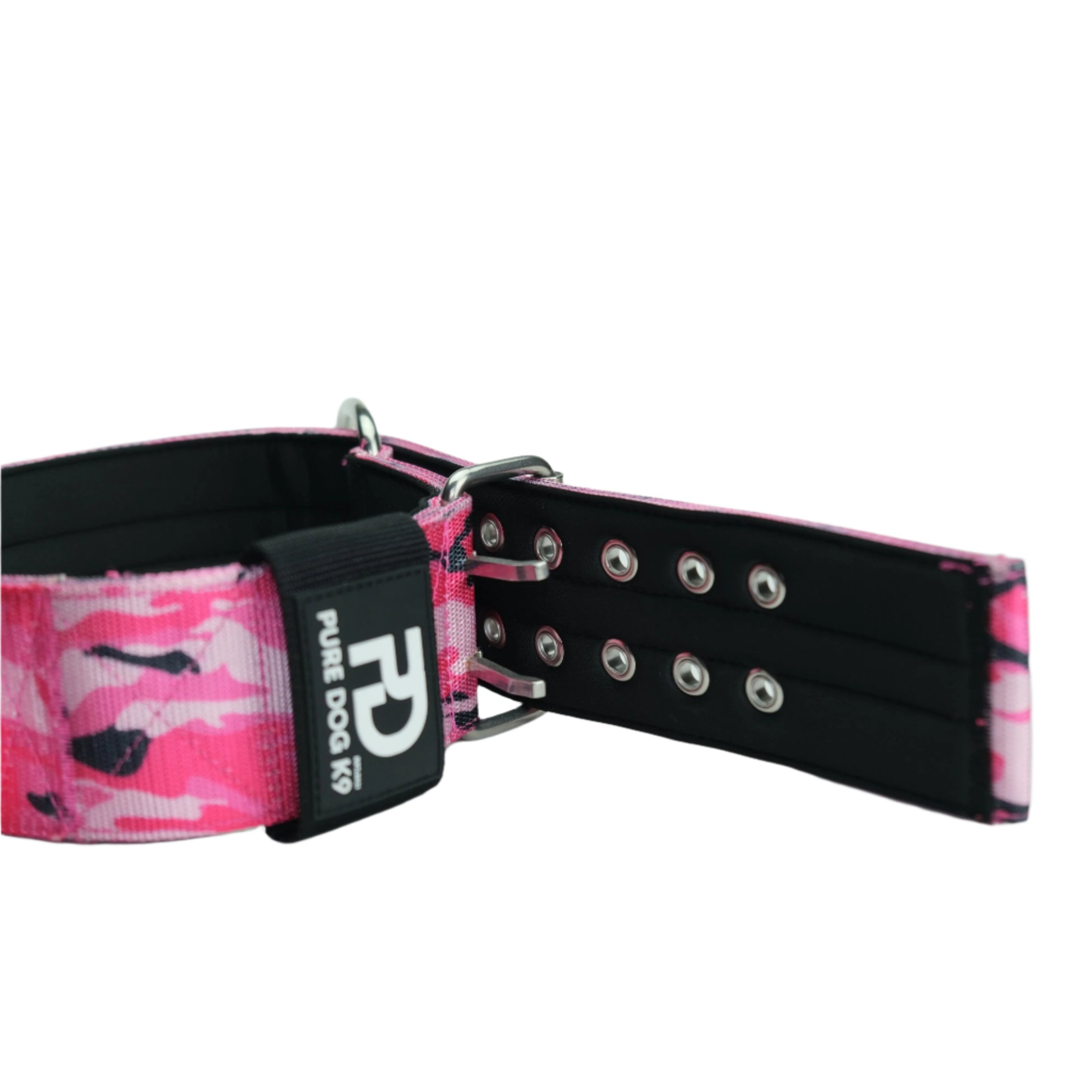 Pink camo sport dog collar end with black strap and metal grommet row
