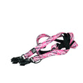 Multifunctional dog leash in pink camo with black metal clips and adjustable strap
