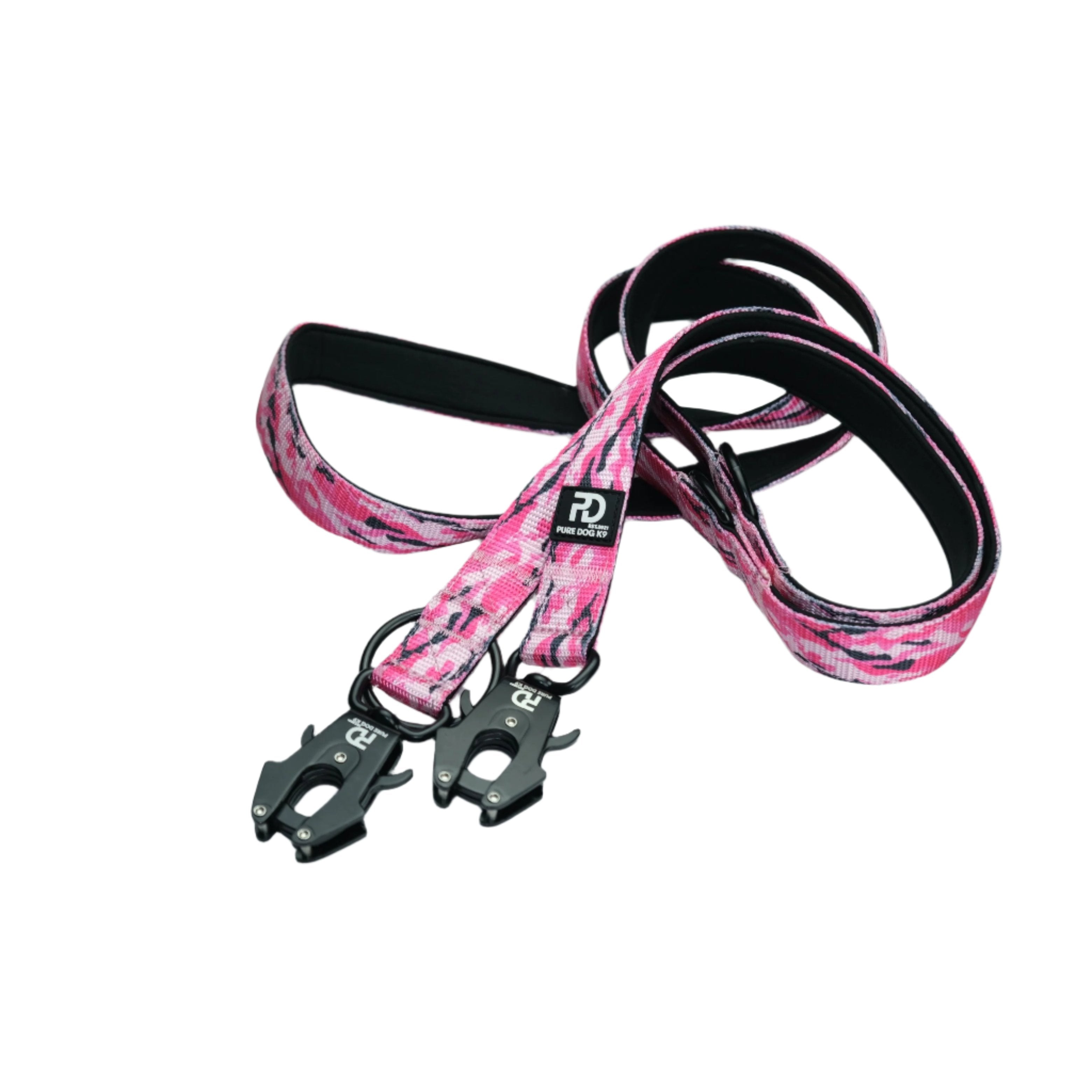 Multifunctional dog leash pink camo with black harness clips and looped strap