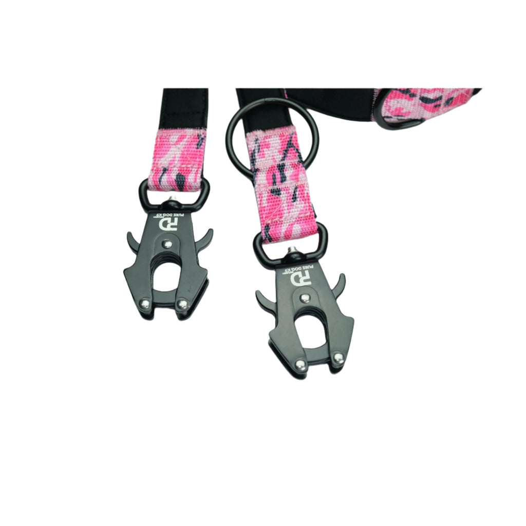 Pink camo leash webbing with two black metal attachment clips and ring hardware