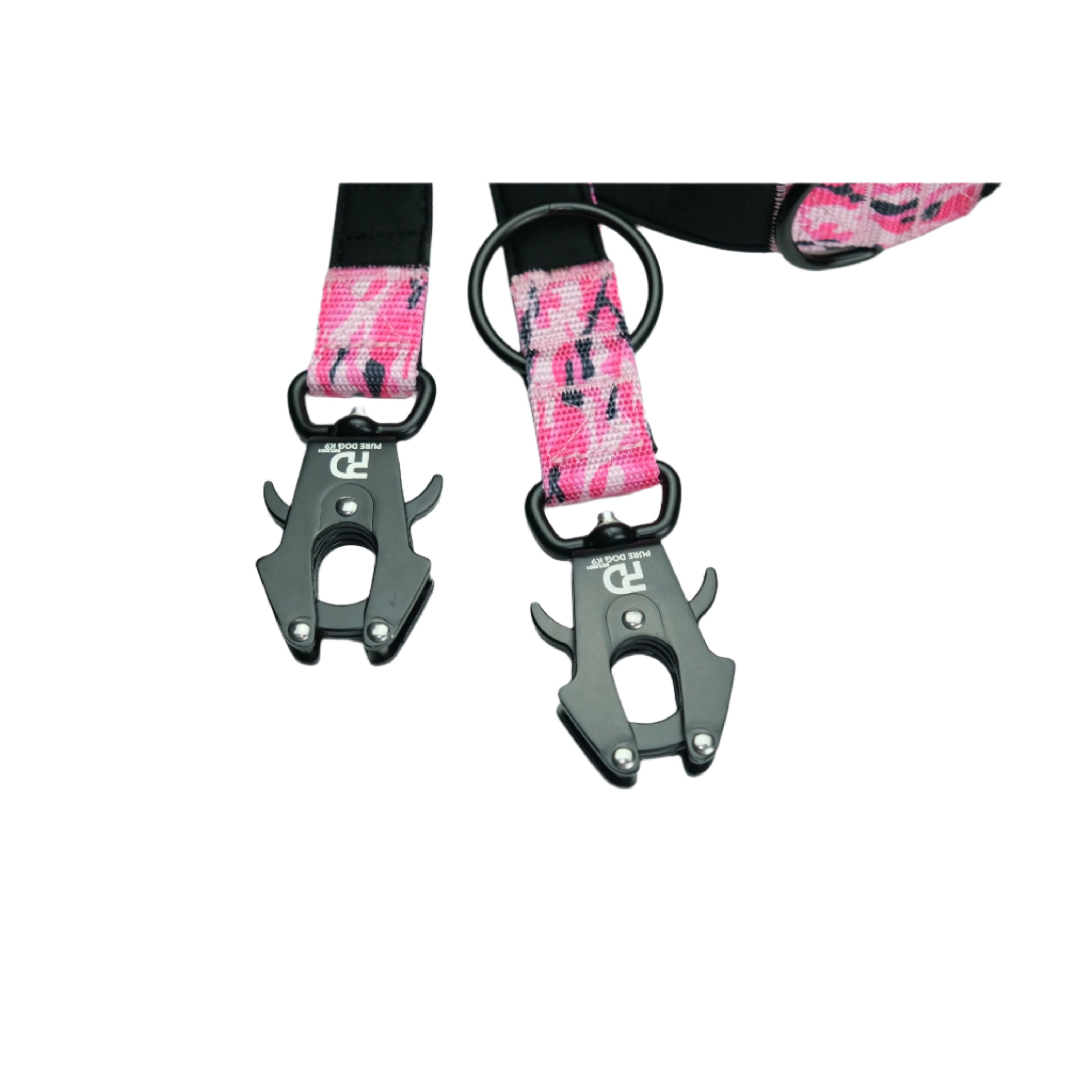 Pink camo leash webbing with two black metal attachment clips and ring hardware