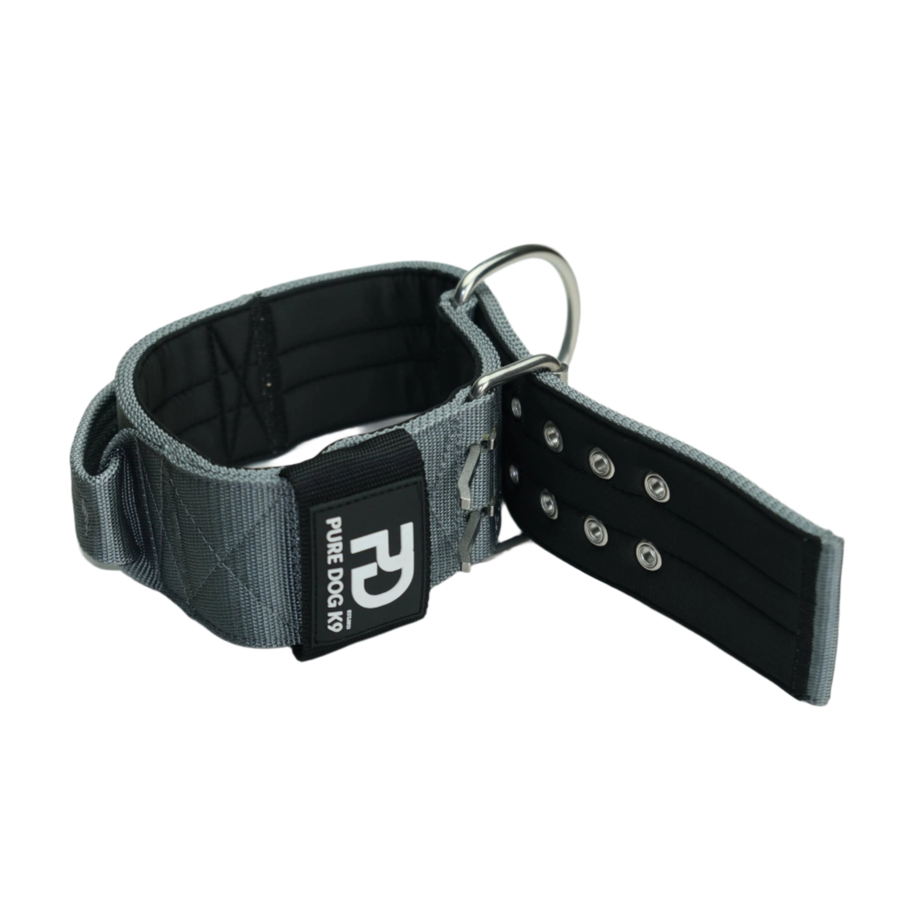 Grey sport dog collar with black inner panel, metal D-ring and row of adjustment holes