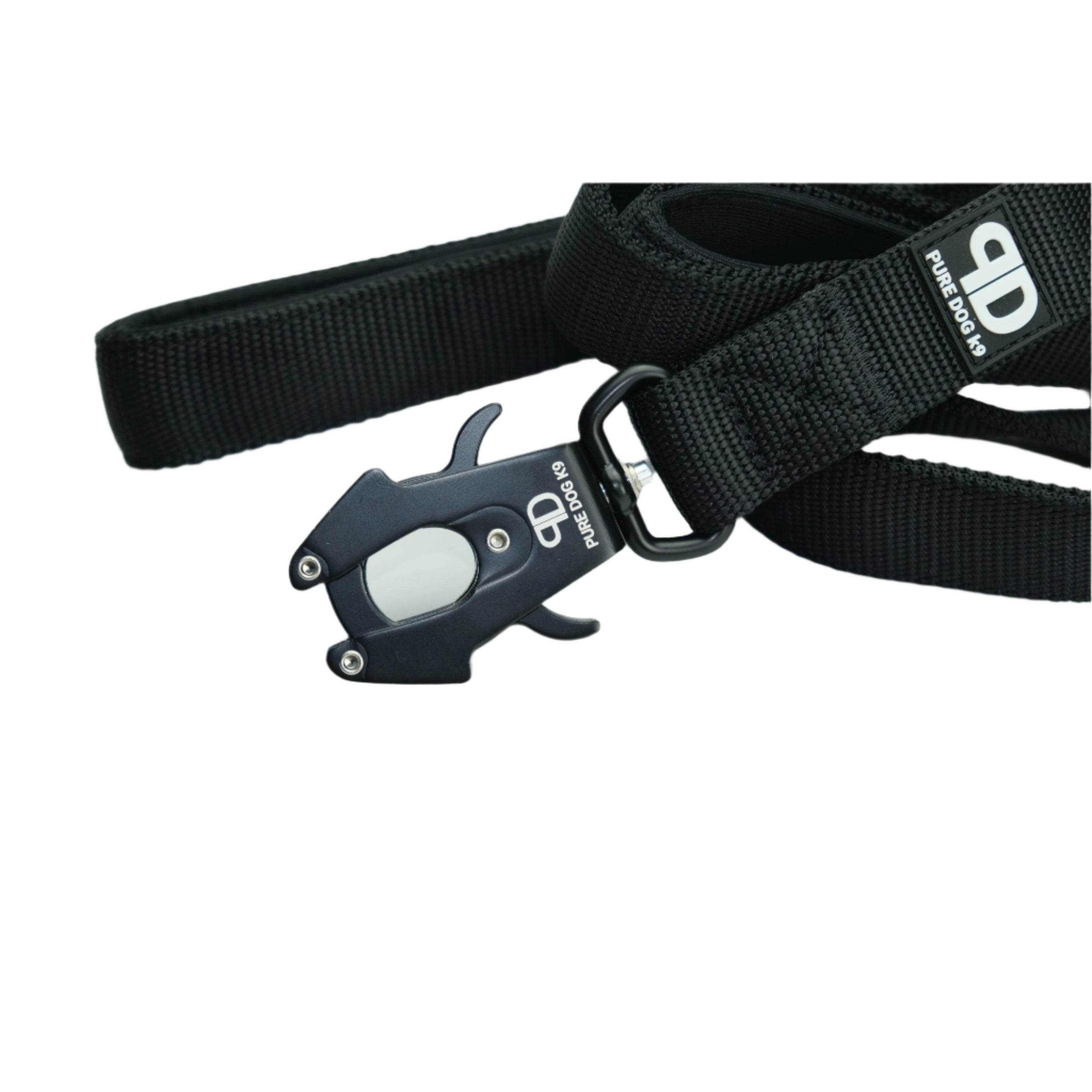 Black dog lead with quick-release metal clip and webbing strap
