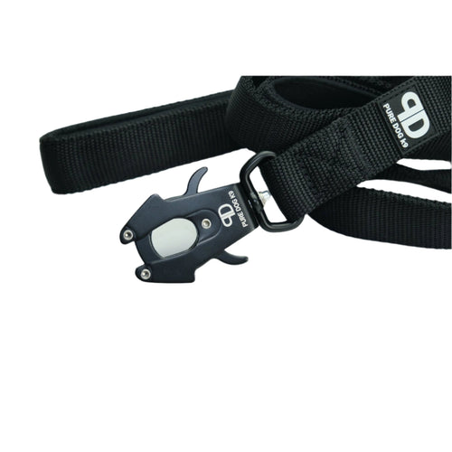Black dog lead with quick-release metal clip and webbing strap