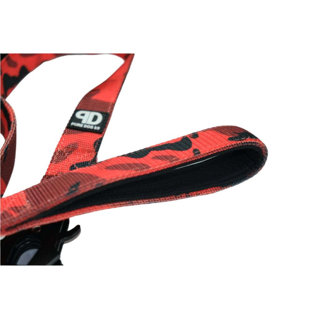 Red camo dog leash strap with padded black edge and branded fabric label