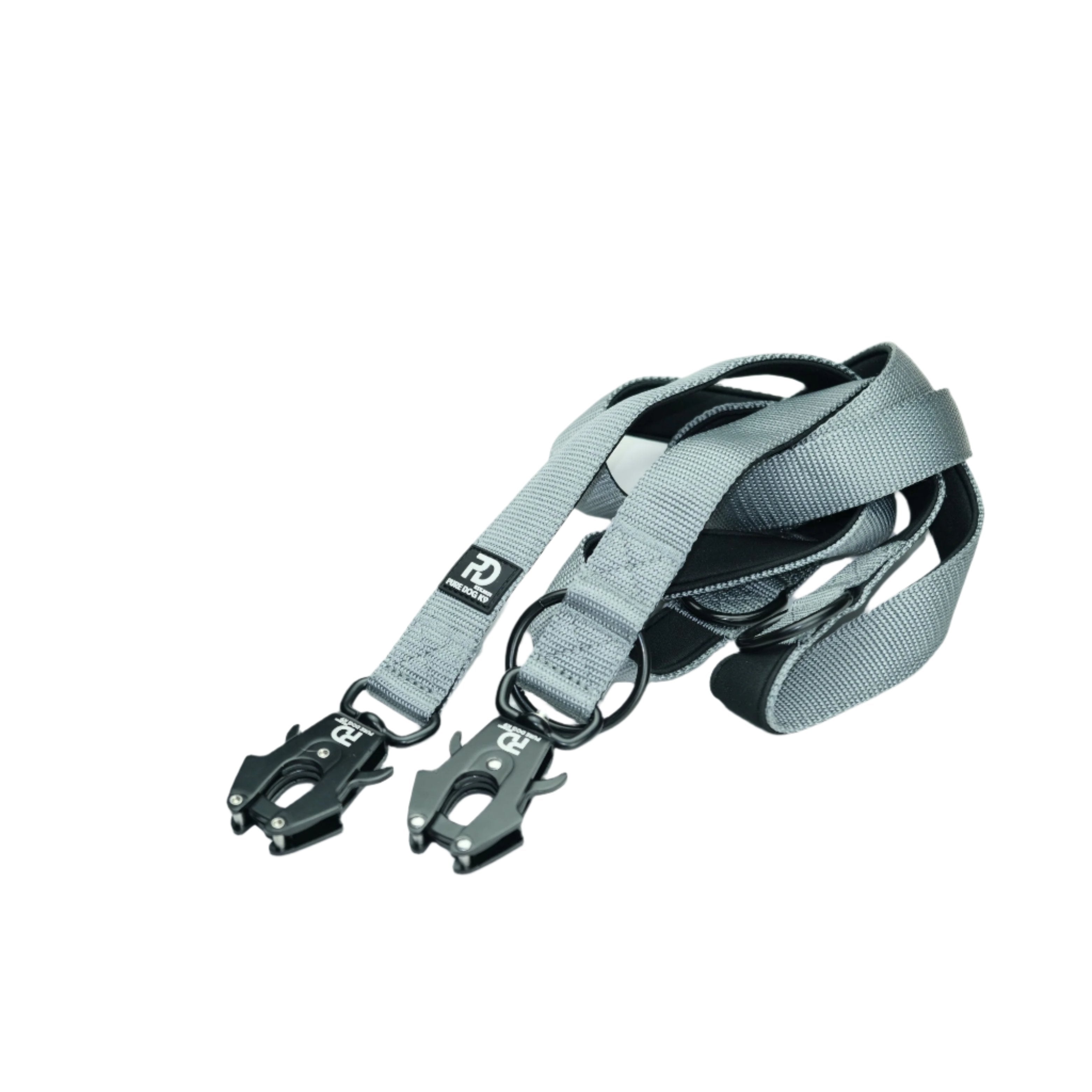 Grey multifunction dog lead with dual clips and adjustable strap