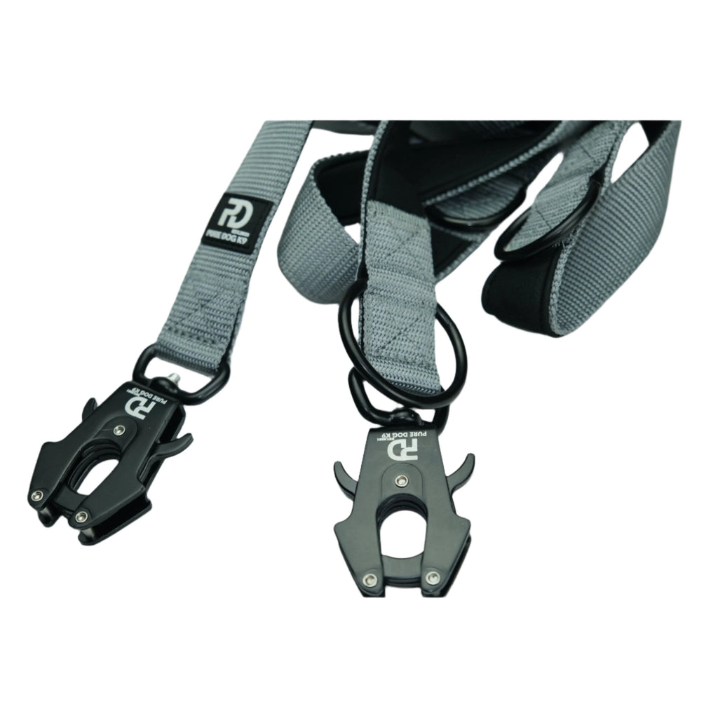 Grey multifunction dog lead with carabiner-style clip and adjustable webbing