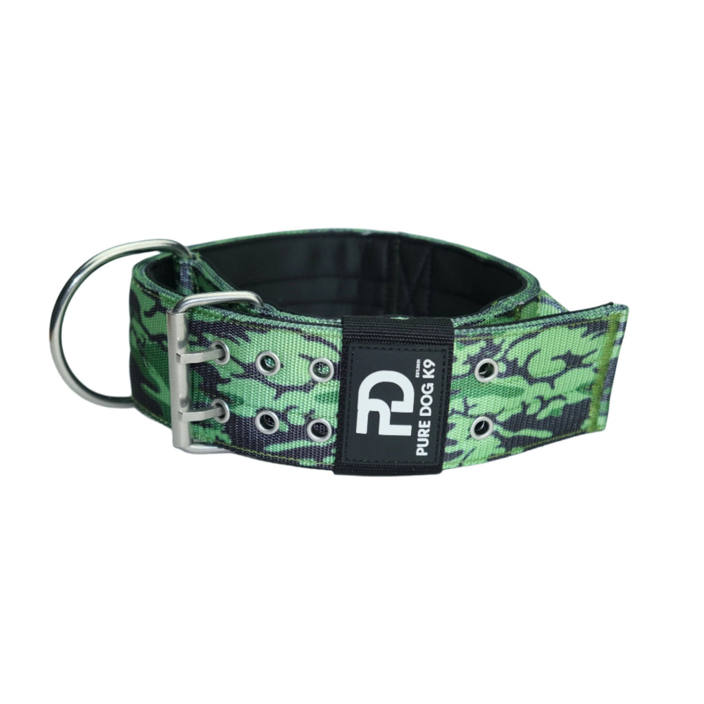 Sport dog collar in green camouflage with black lining and metal D-ring buckle