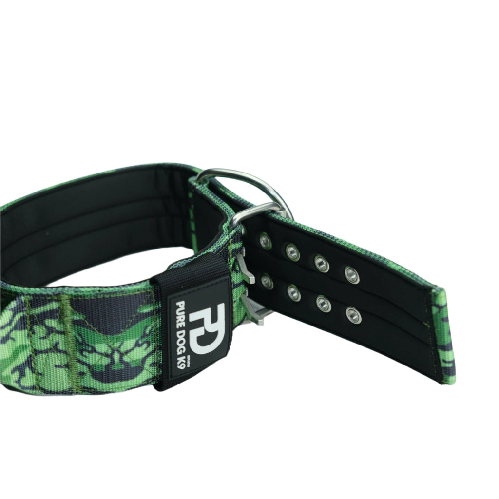 Sport dog collar with green camo front, black strap, and metal ring with rivets