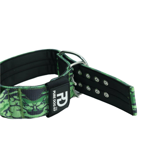 Sport dog collar with green camo front, black strap, and metal ring with rivets