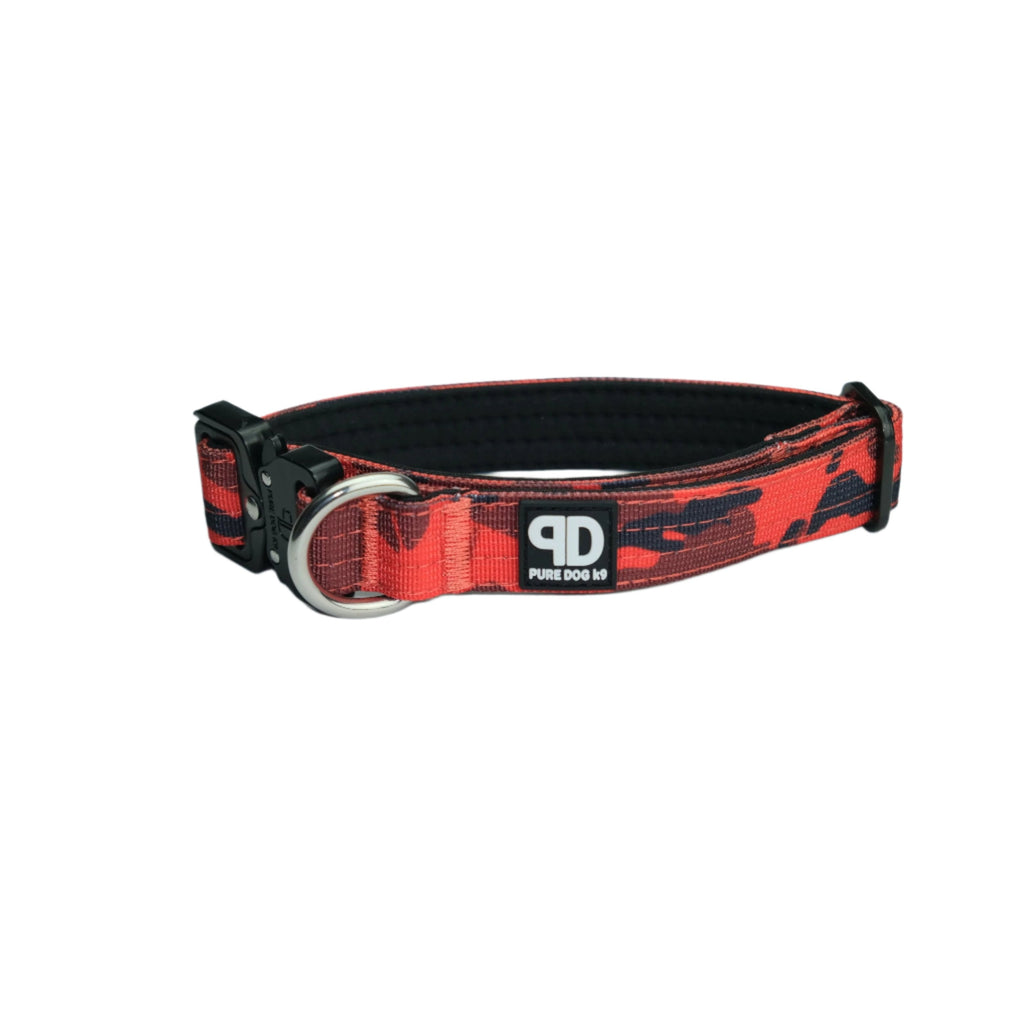 Tactical dog collar, red camouflage nylon with black buckle and metal D-ring