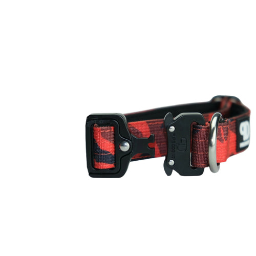 Tactical dog collar side view in red camo with black adjuster buckle and hardware