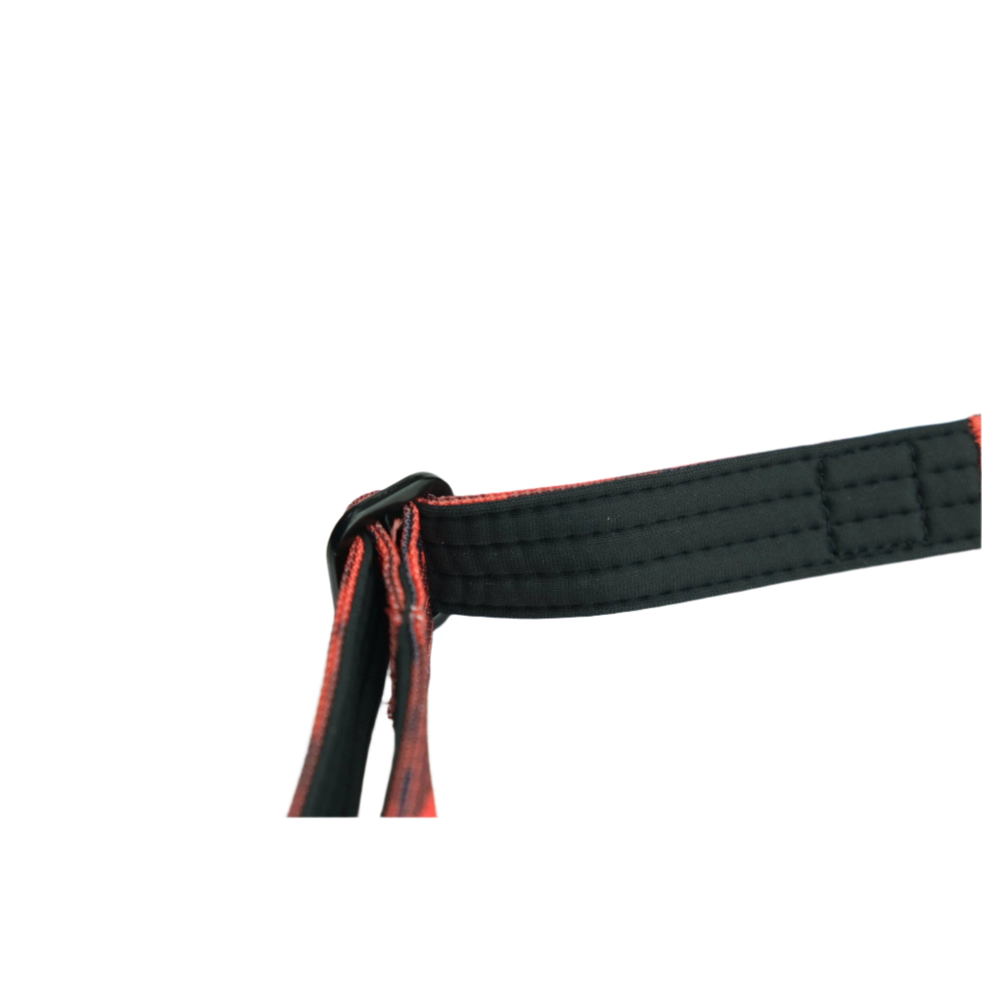 Tactical dog collar end with red camo webbing and stitched black edge