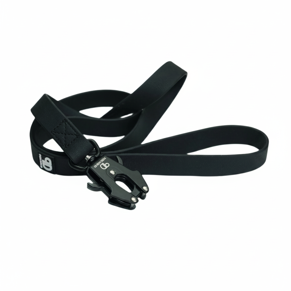Black waterproof dog lead, 120cm with reinforced webbing and metal clasp