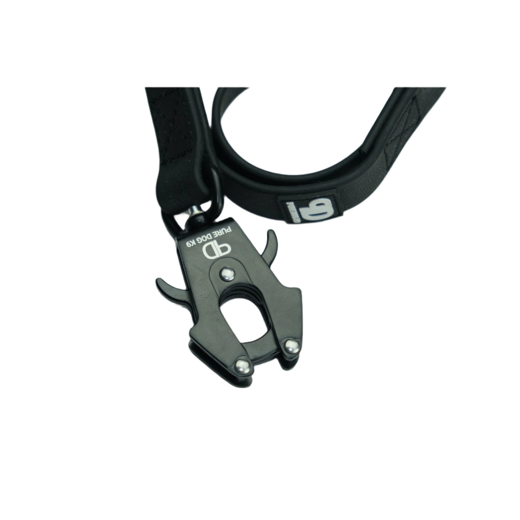 Black waterproof dog lead with metal D-ring and snap clip on handle