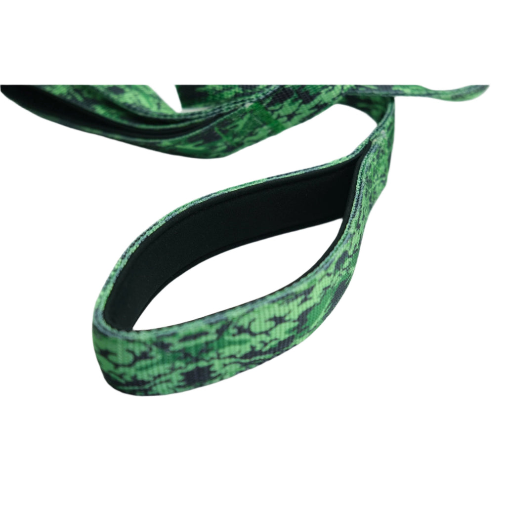 Green camo dog lead loop with black webbing trim and stitched strap