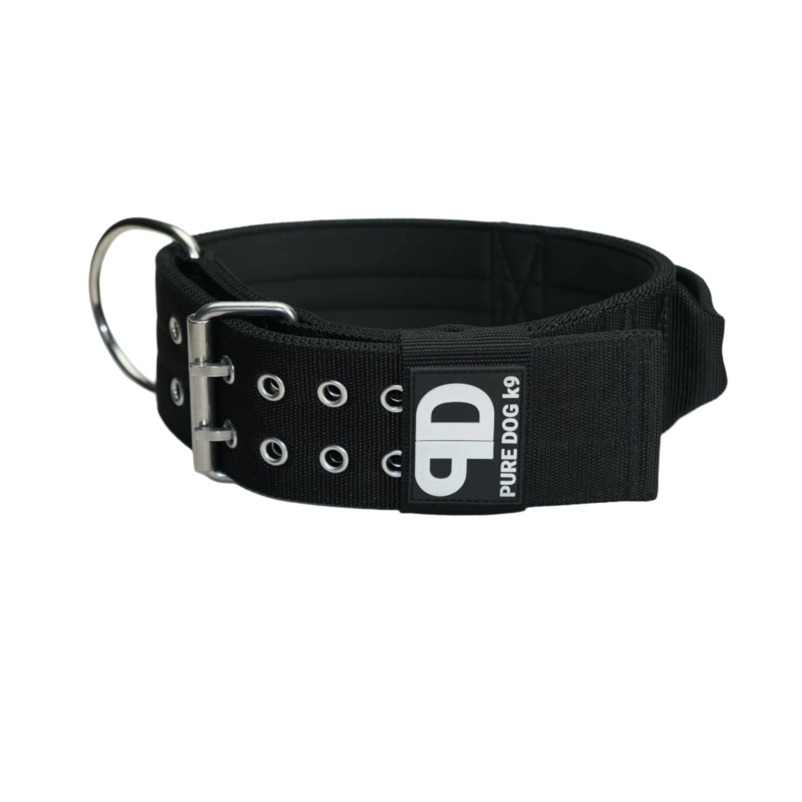 Black nylon sport dog collar with metal buckle, D-ring, and studded grommets