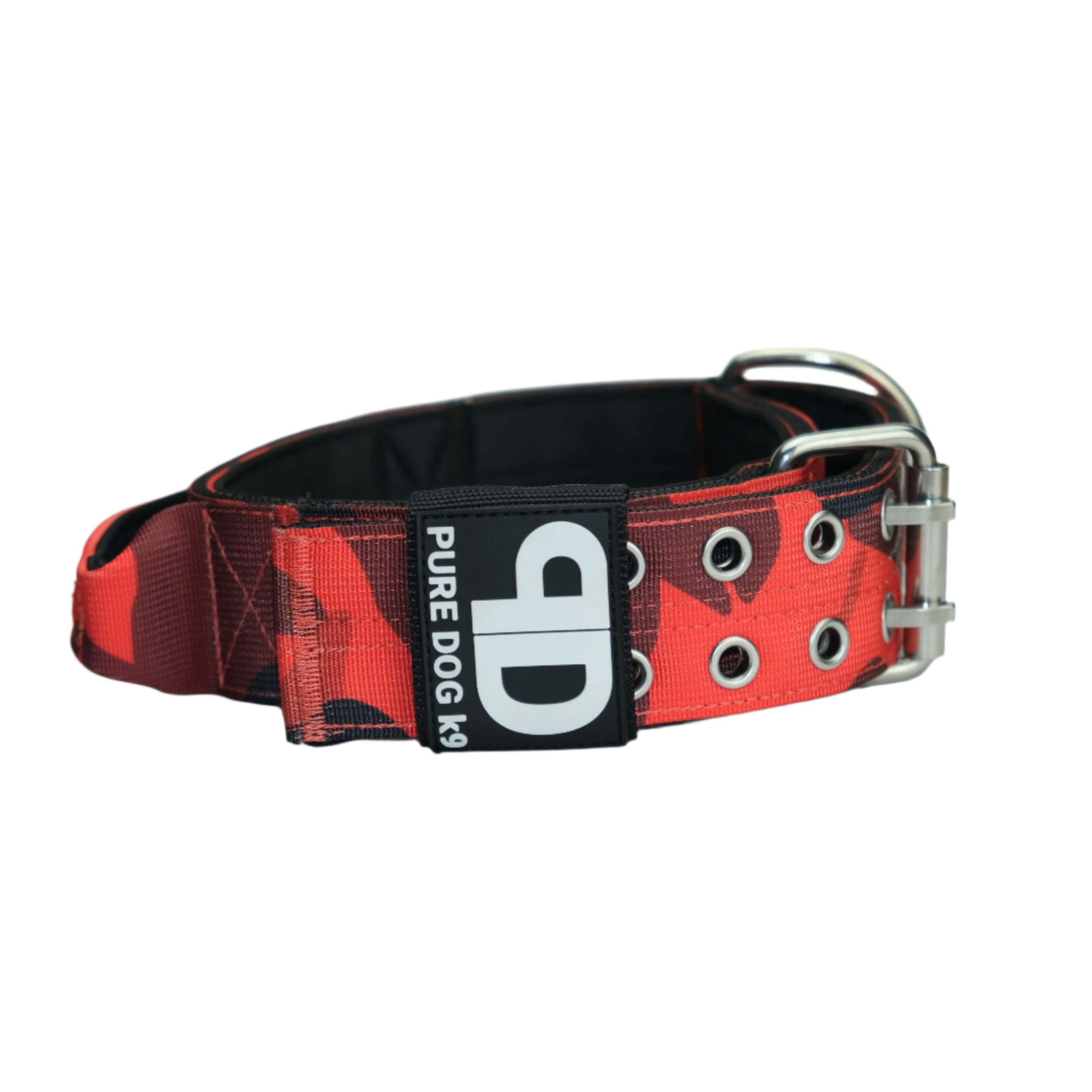 Red camouflage dog sport collar with black trim, metal D-ring and buckle hardware