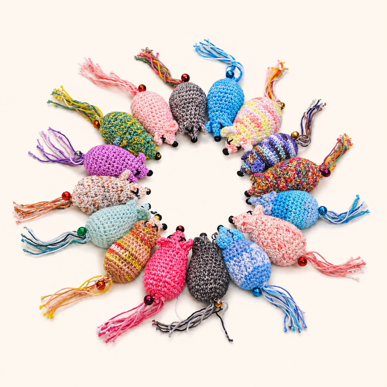 Catnip crochet mouse toys, assorted colors with yarn tails and small bead collars