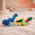 Plush bird cat toy set with loops: blue bird and rainbow-feather bird