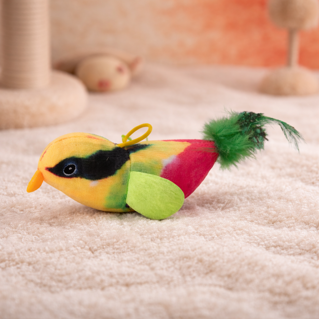 Plush bird cat toy with loop, multicolor body with green feathered tail