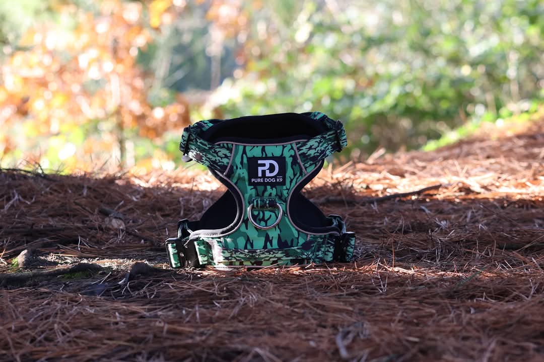 Green camo dog comfort harness with front logo patch and chest straps
