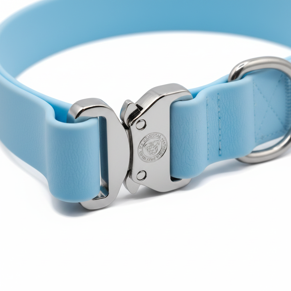 Pastel blue waterproof dog collar with chrome buckle, D-ring, and logo emblem